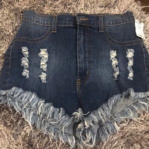 Denim fringe shorts